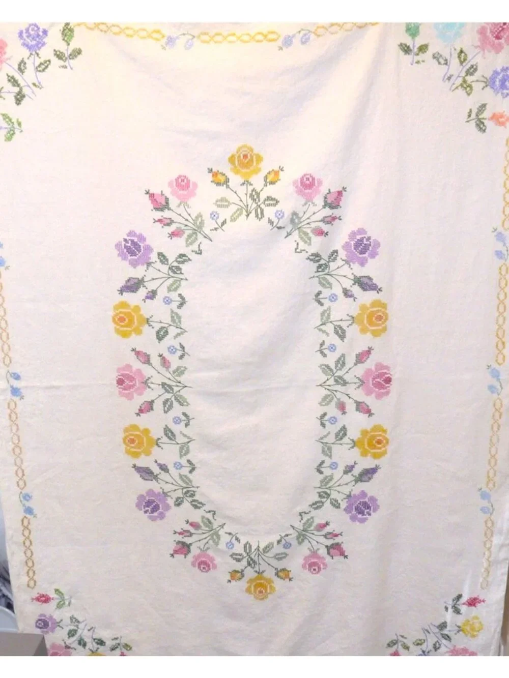 Vintage hand embroidered needlepoint cotton tablecloth multicolor floral 48 x 64